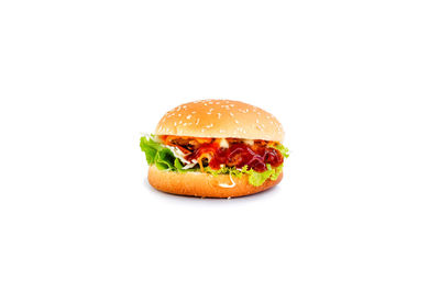 Close-up of burger against white background