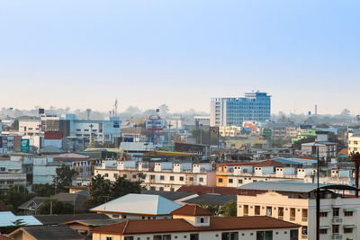 High angle view of buildings against sky