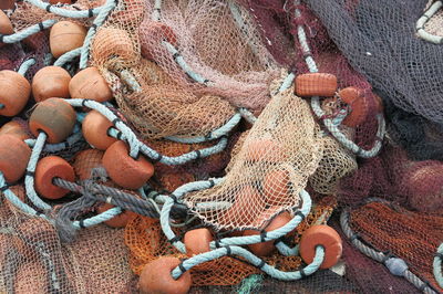 High angle view of fishing net at harbor