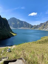 Scenic view of lake and mountains against sky