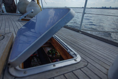 High angle view of boat moored in sea