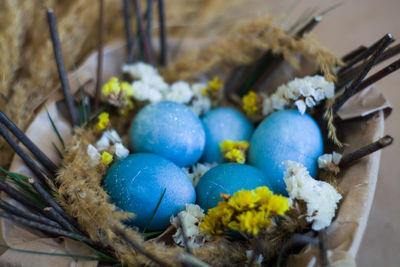 High angle view of eggs in basket