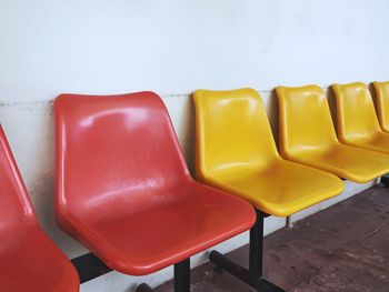 Close-up of empty chairs against wall