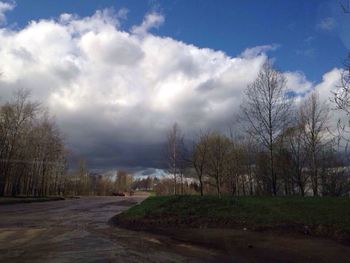 Bare trees on grassy field against cloudy sky