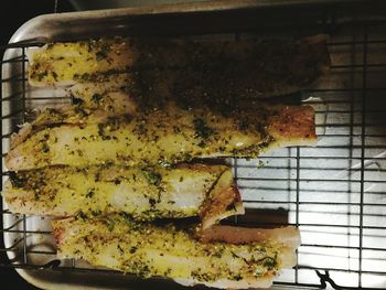 High angle view of food on barbecue grill