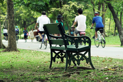 Crowd of people exercising, running and riding bicycle in the park on a beautiful sunday morning