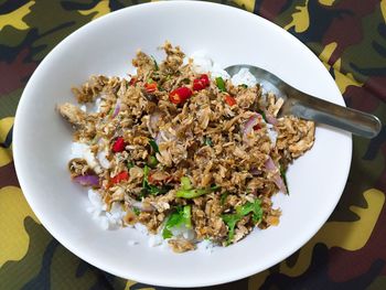 High angle view of breakfast served on table