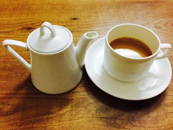 High angle view of tea kettle and cup on wooden table