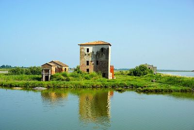 View of built structures against clear sky