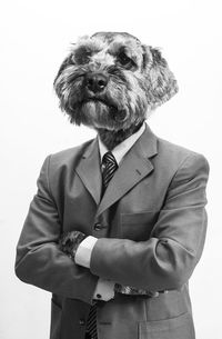Portrait of man with dog standing against white background
