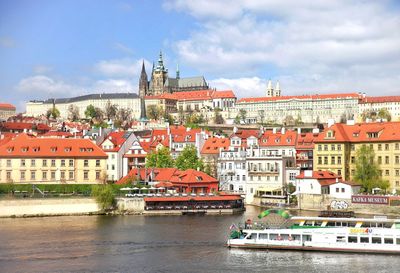 Buildings by river against sky in city