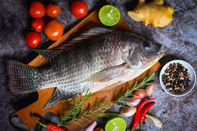 High angle view of fish on table