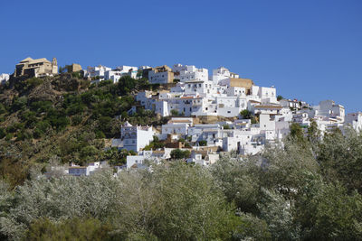 Buildings in city against clear blue sky