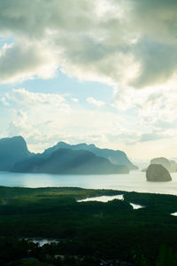 Scenic view of sea and mountains against sky