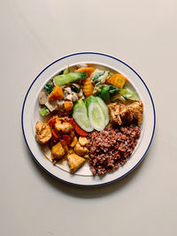 High angle view of food served on table