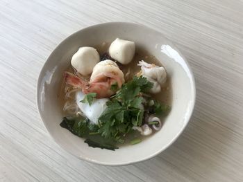 High angle view of salad in bowl on table