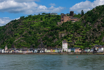 Panoramic view of loreley rocks and katz castle on the rhine in germany.