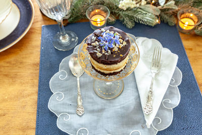 High angle view of dessert on table
