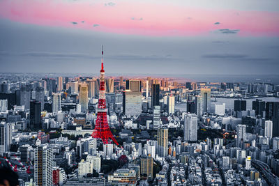 High angle view of cityscape against sky during sunset