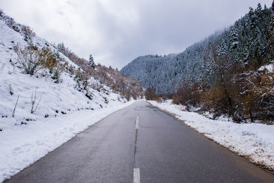 Road amidst snow covered trees against sky