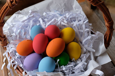 High angle view of eggs in basket