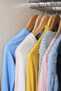 Female apparel, woman clothes in a wardrobe, hanging  jumpers and dresses. order and housekeeping, 