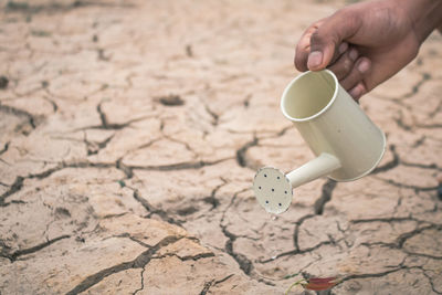 Low section of man watering plant on barren field