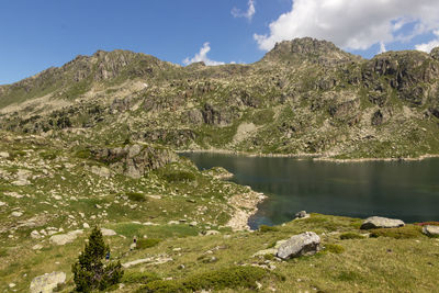 Scenic view of lake and mountains against sky