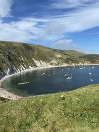 Scenic view of bay against sky