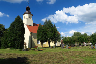 Low angle view of a chapel in a cemetery 