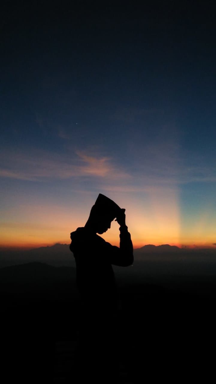 silhouette, sky, horizon, sunset, one person, dusk, nature, evening, darkness, beauty in nature, adult, scenics - nature, sunlight, copy space, light, outdoors, tranquility, environment, landscape, hand, activity, leisure activity, cloud, land, lifestyles, holding, mountain