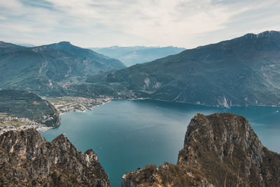 Scenic view  from cima rocca down to lake garda with mountains in the background.