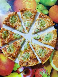 High angle view of pizza in plate on table