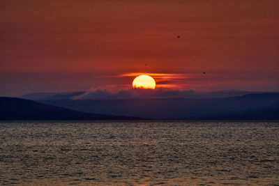 Scenic view of sea against orange sky