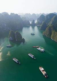 High angle view of boats in sea