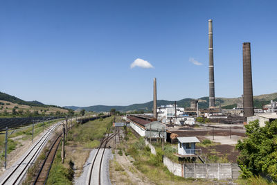 Railroad tracks by factory against sky