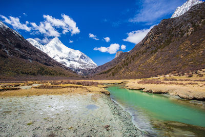 Scenic view of lake and mountains against blue sky