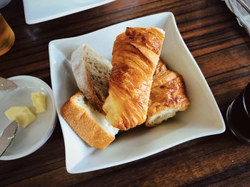 High angle view of breakfast served on table