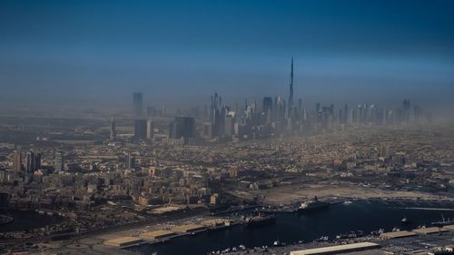 High angle view of buildings against sky