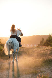 Rear view of man riding horse on field against sky