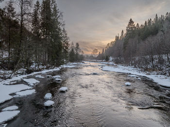 Scenic view of snow covered landscape against sky during sunset