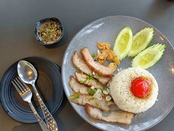 High angle view of food in plate on table