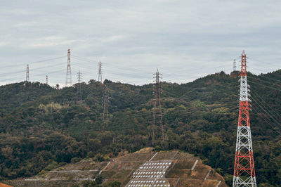 Electricity pylon on land against sky