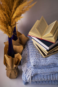 High angle view of books on table