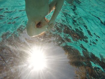 Shirtless boy swimming in pool on sunny day