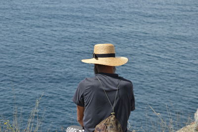 Rear view of man wearing straw hat by lake