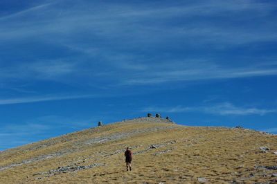Rear view of man walking on mountain against blue sky
