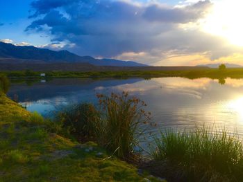 Scenic view of lake against cloudy sky