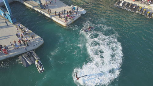 High angle view of boats in sea