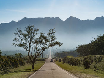 Country road amidst trees against sky